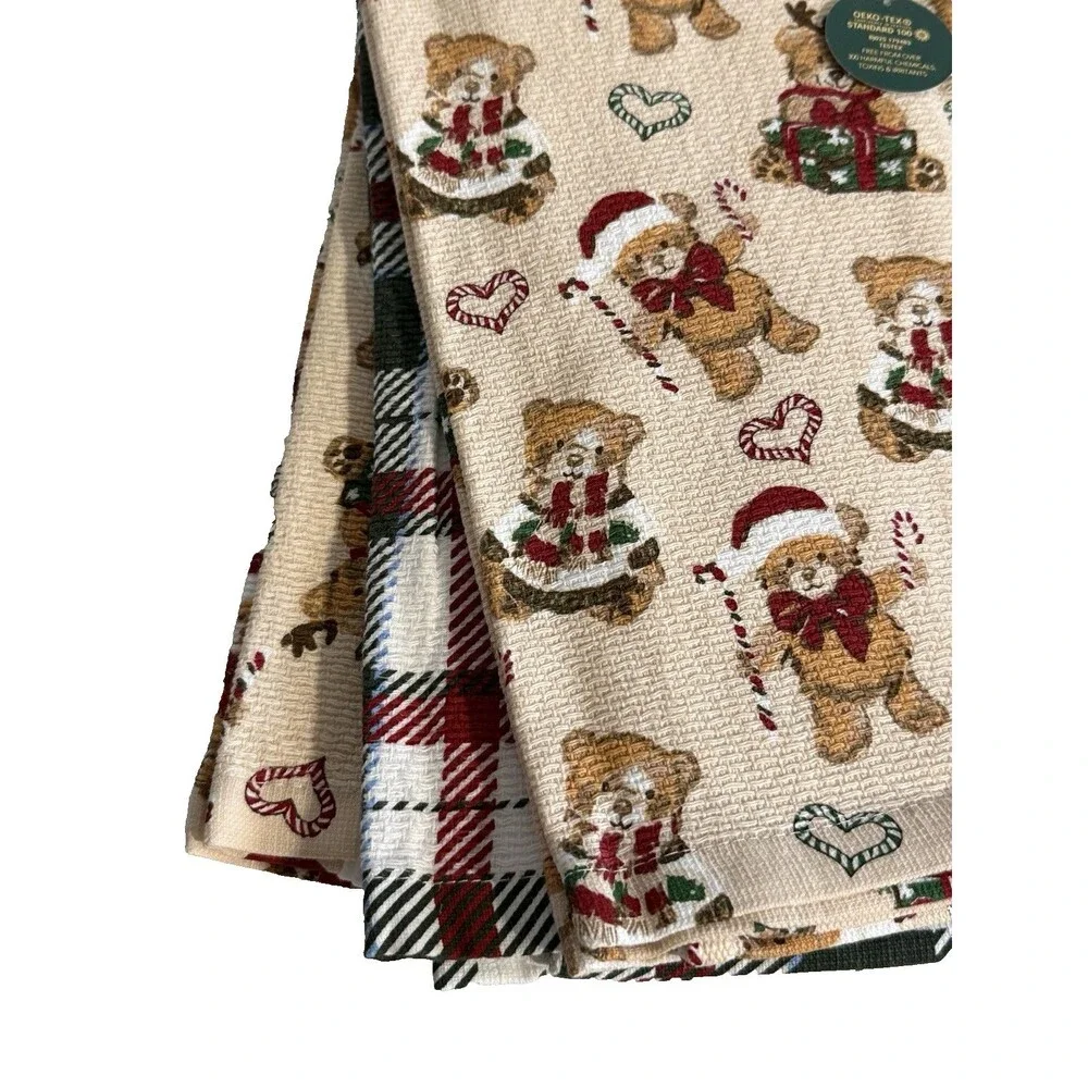 Envogue Christmas Teddy Bears Dish Kitchen Towels 100% Cotton Set of 3